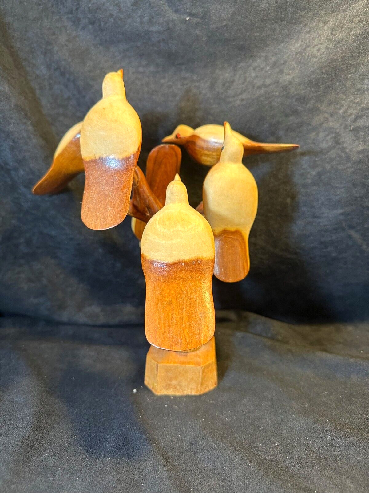 Vintage Hand Carved Wooden Tree with Six Removable Birds Figurine Sculpture