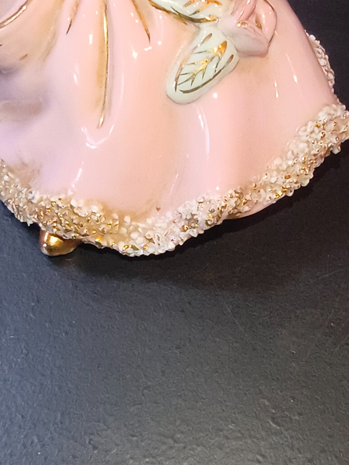 VTG Ucagco Pink Girl Figure w Ponytail Basket Figurine Spaghetti Gold Trim Dress