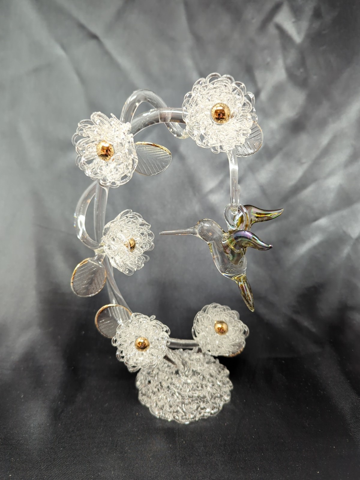 Clear Glass Flower + Hummingbird Figurine Gold Detail Multi Part Figure Bird New