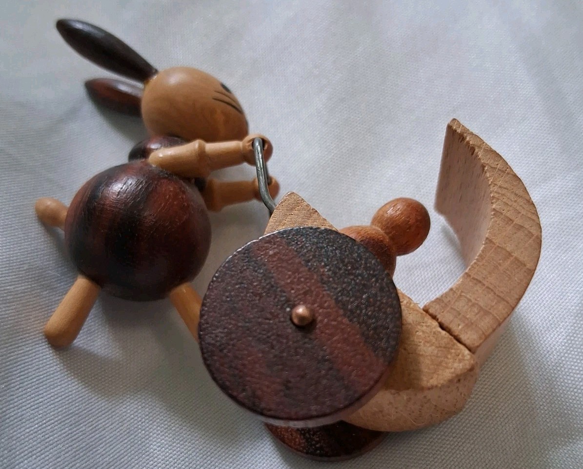Vintage Goula Spain Wooden Rabbit Bunny Mother Pushing Cart Figurine Collectible