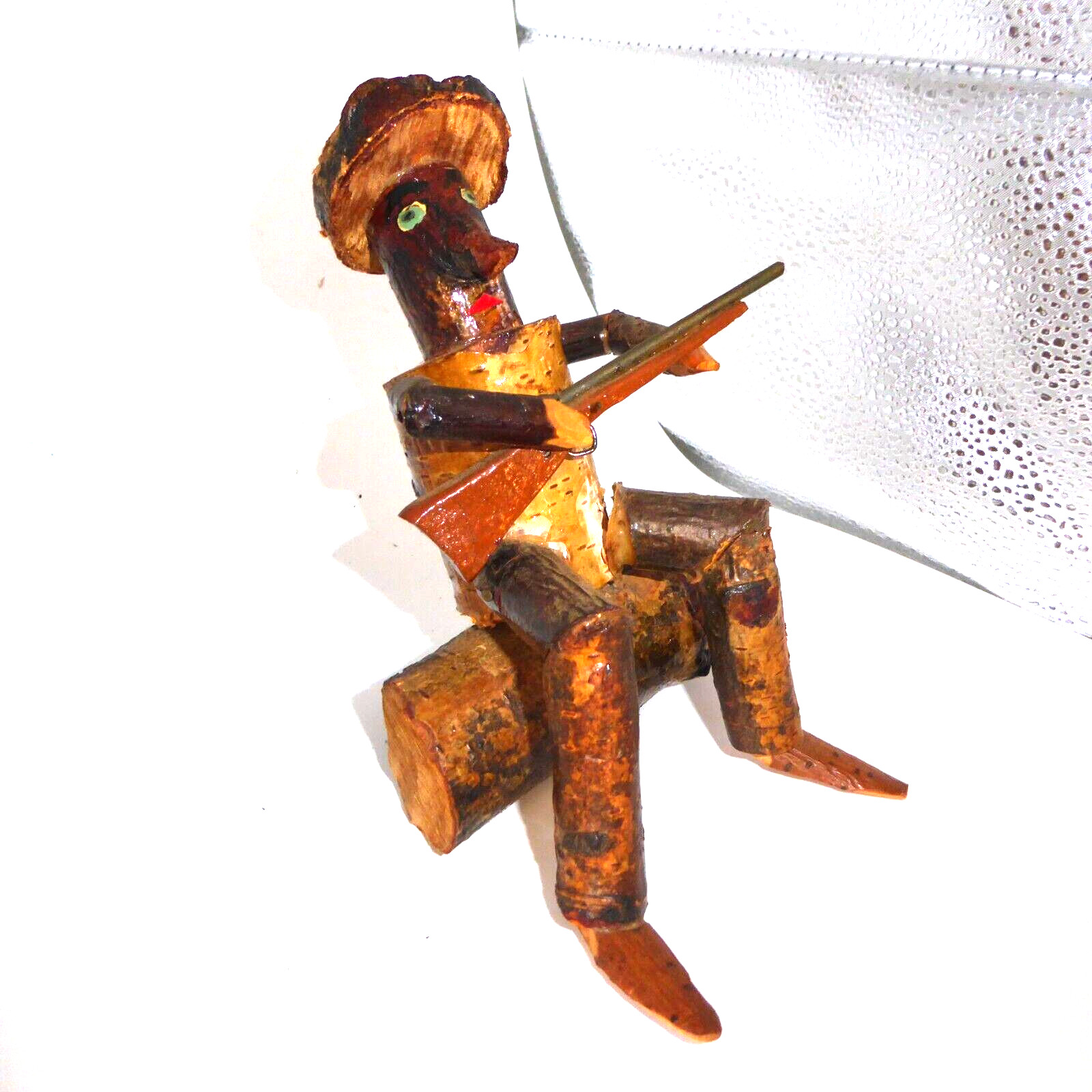 Vintage Artist Folk Art Wood Man With Rifle Sitting On Tree Figurine Folk Art
