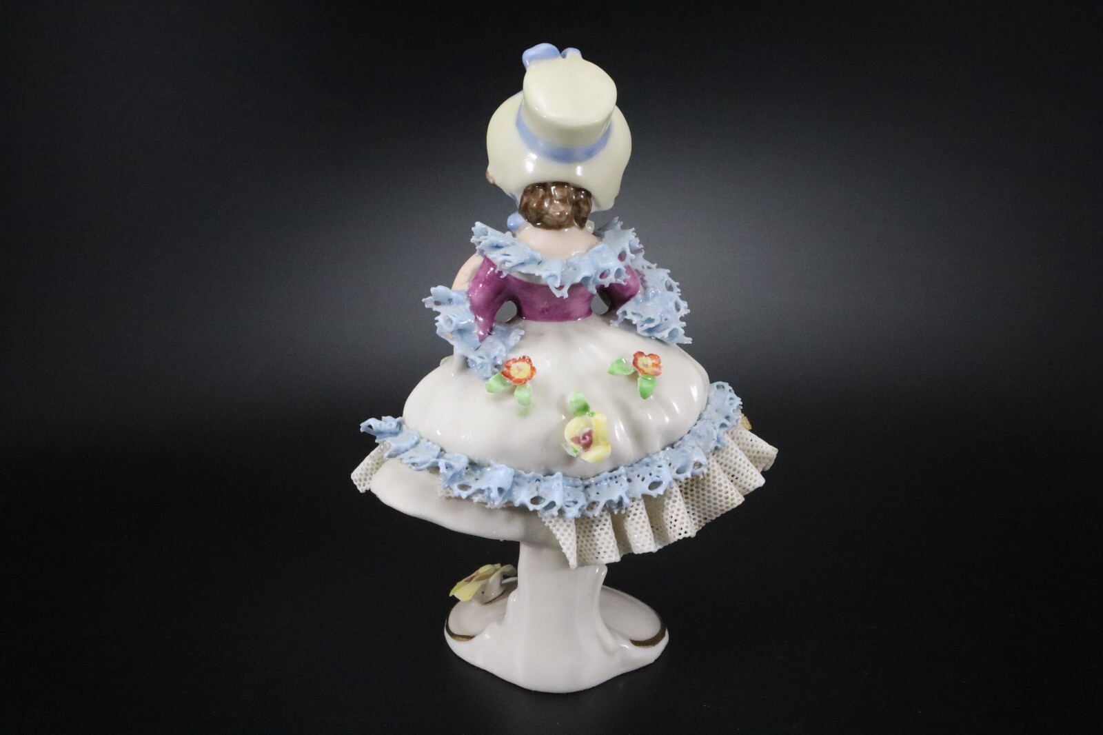 Dresden GIRL in BONNET Porcelain Lace FIGURINE #6 Flowers Germany