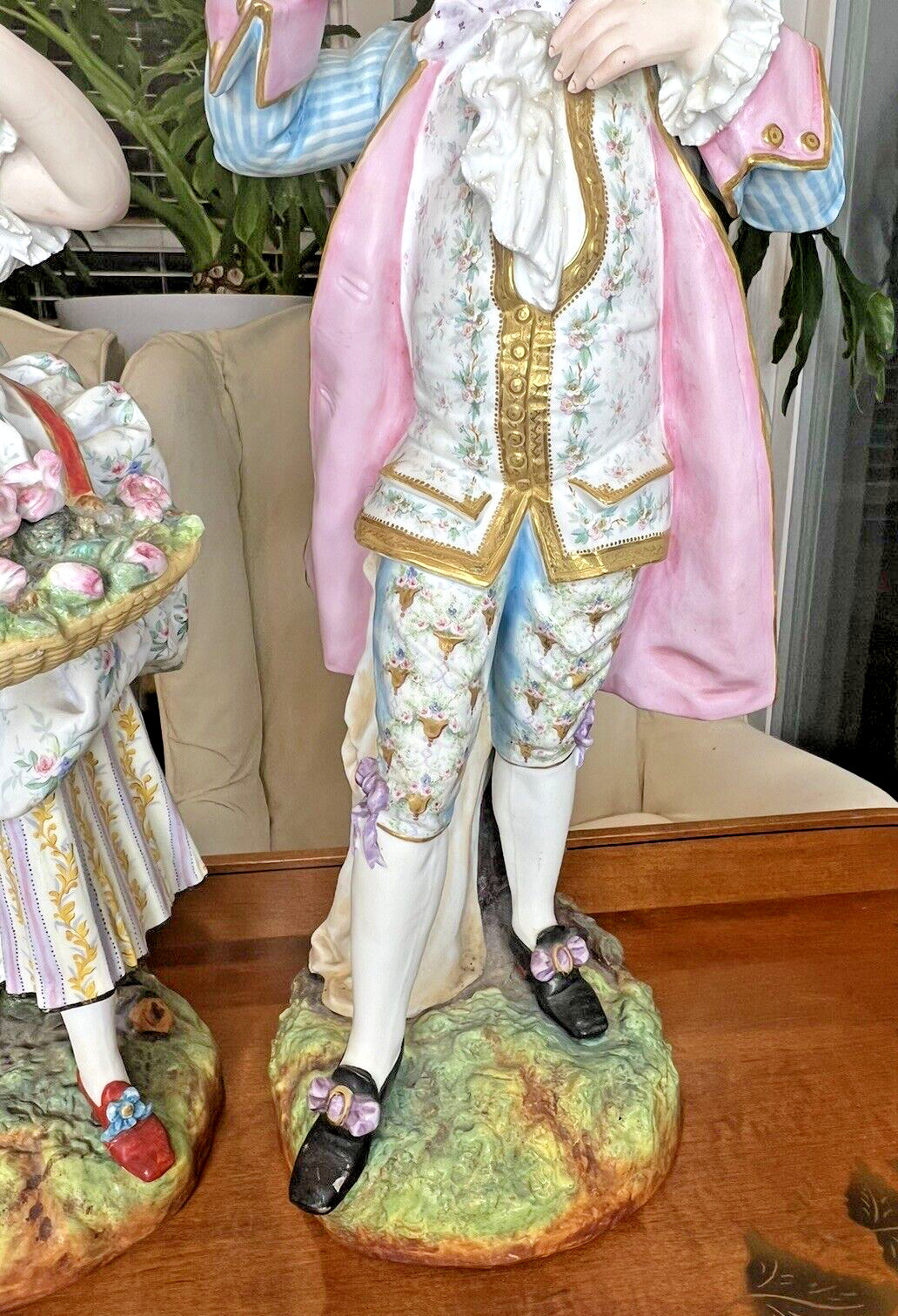 Large Antique French Pair Figure Romantic Bisque Porcelain Old Paris 19thC 20″