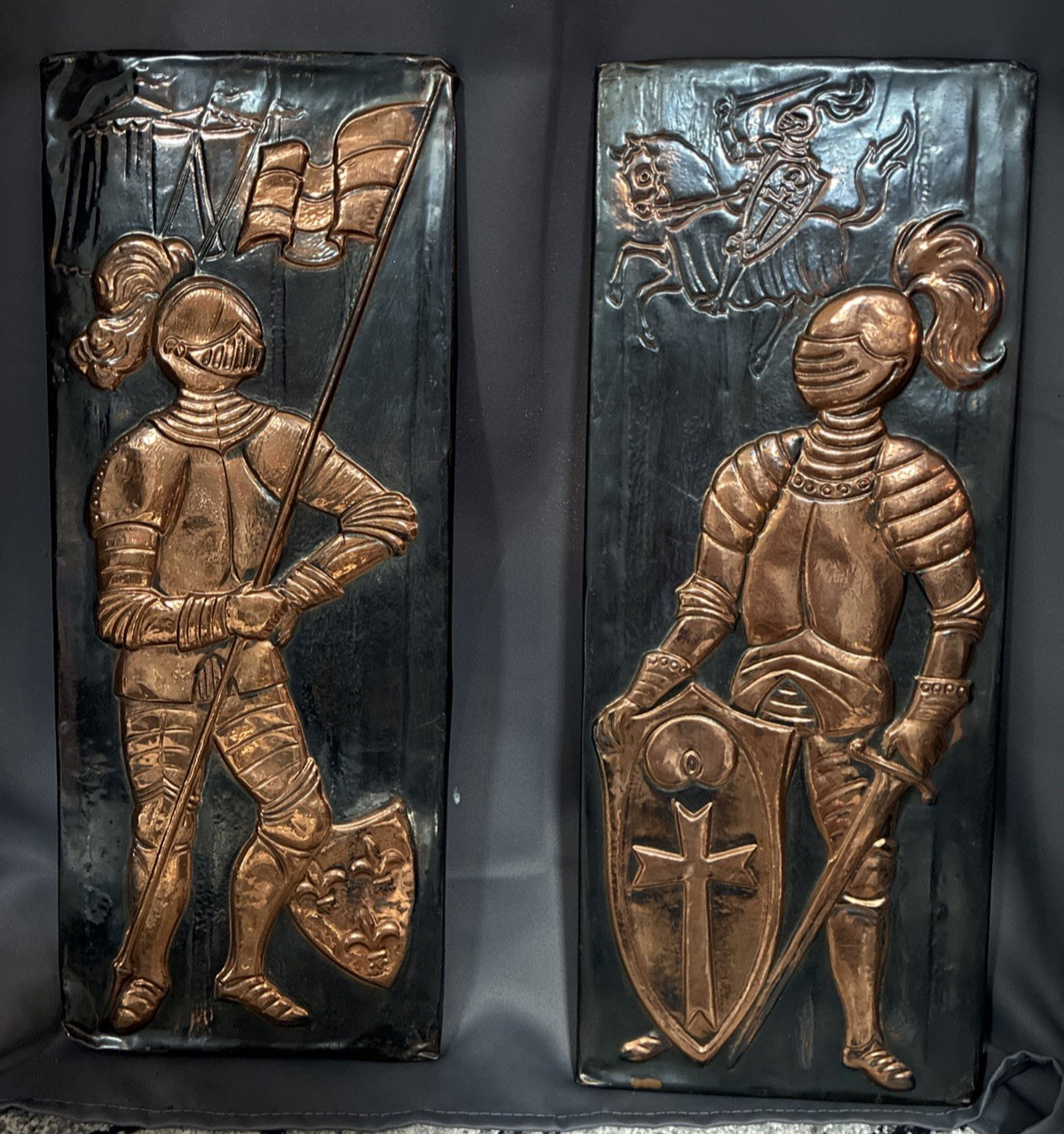 Copper Embossed Knight Wall Art Panels Medieval Decor Set of 2
