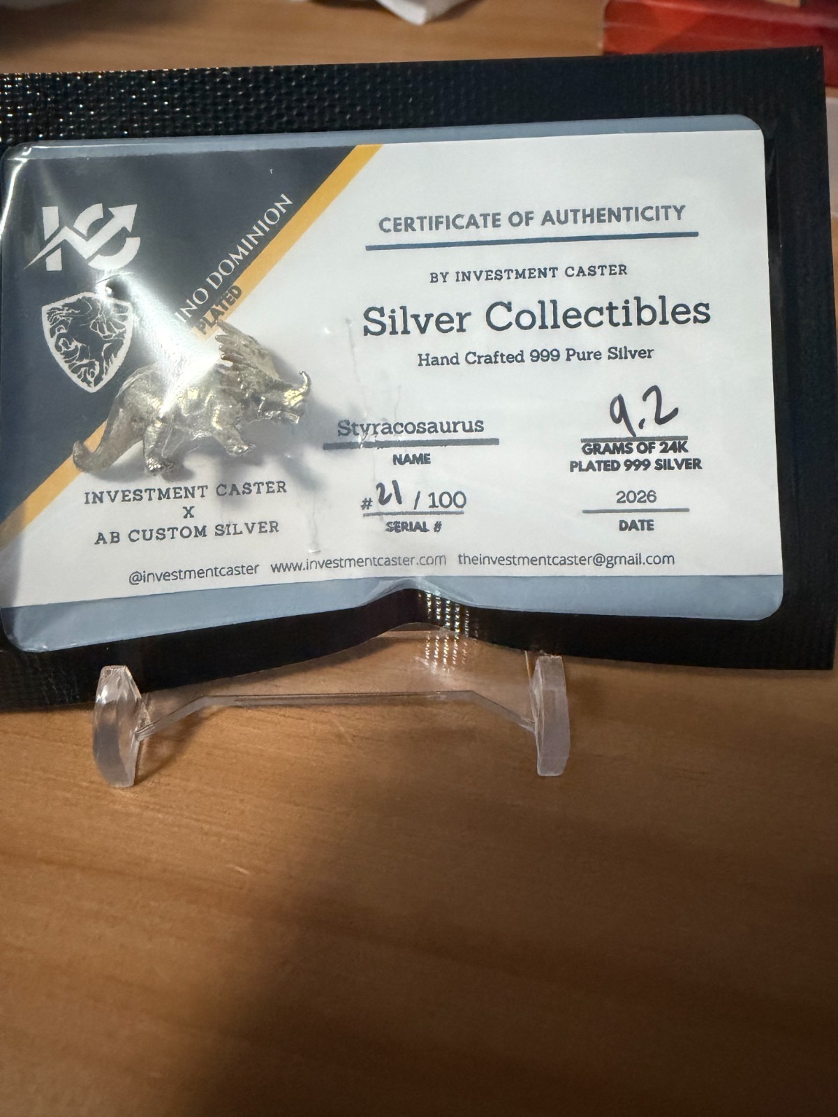 Investment Caster Dine Silver Styracosaurs 9.2g 24K Gold Plated #21/100🔥