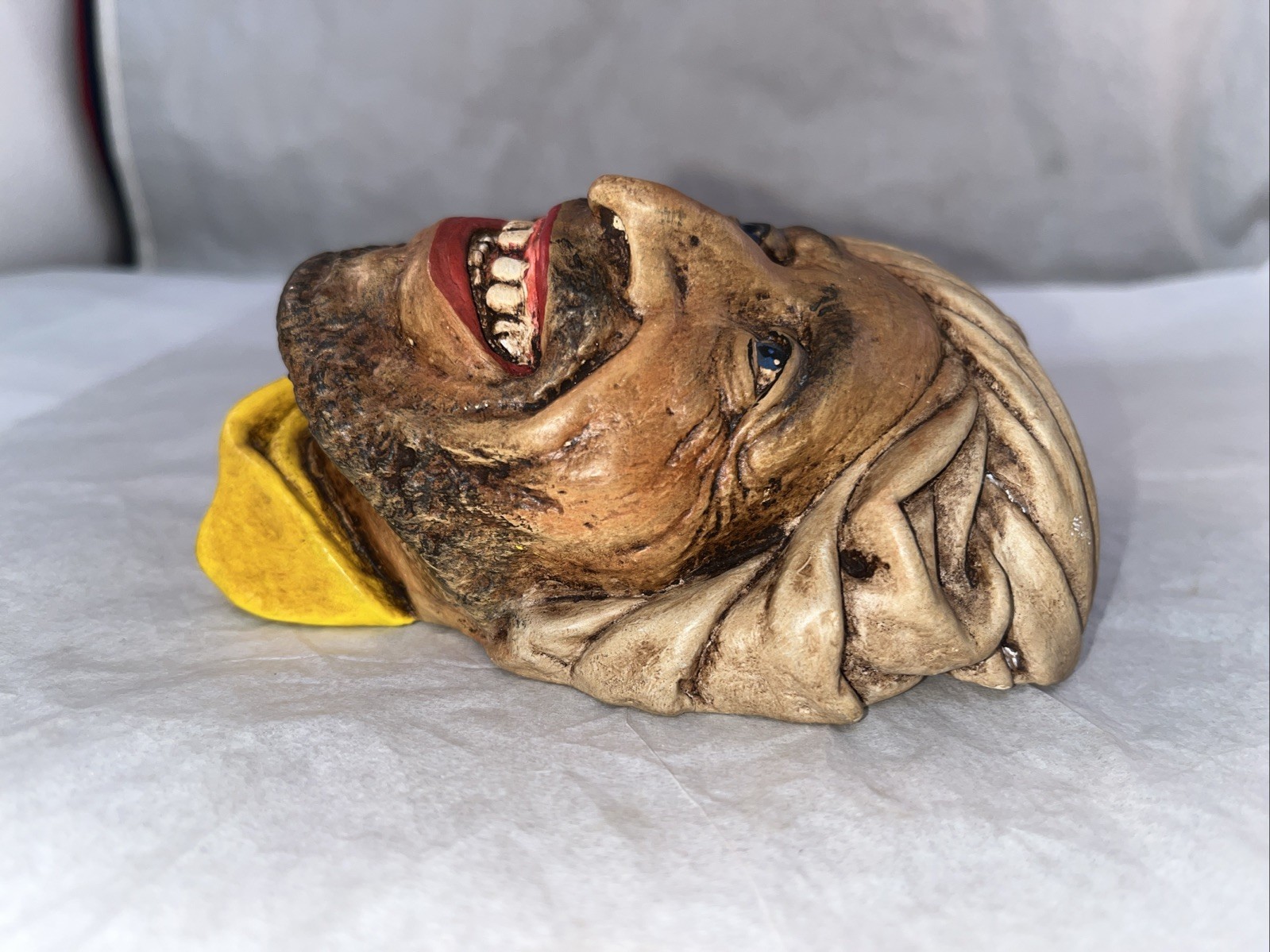 Handpainted Chalkware Head Wall Ornament Smiling Man Turban Blue Eyes