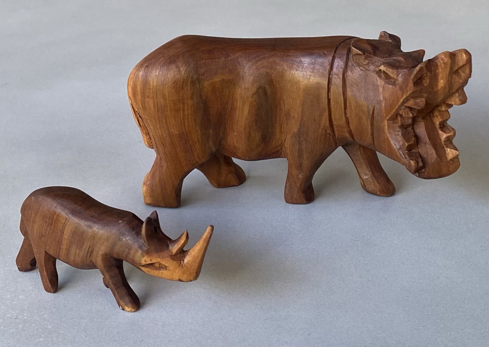 Carved Solid Timber Vintage Wildlife Figurines Hippo 15cm & Rhino 9cm