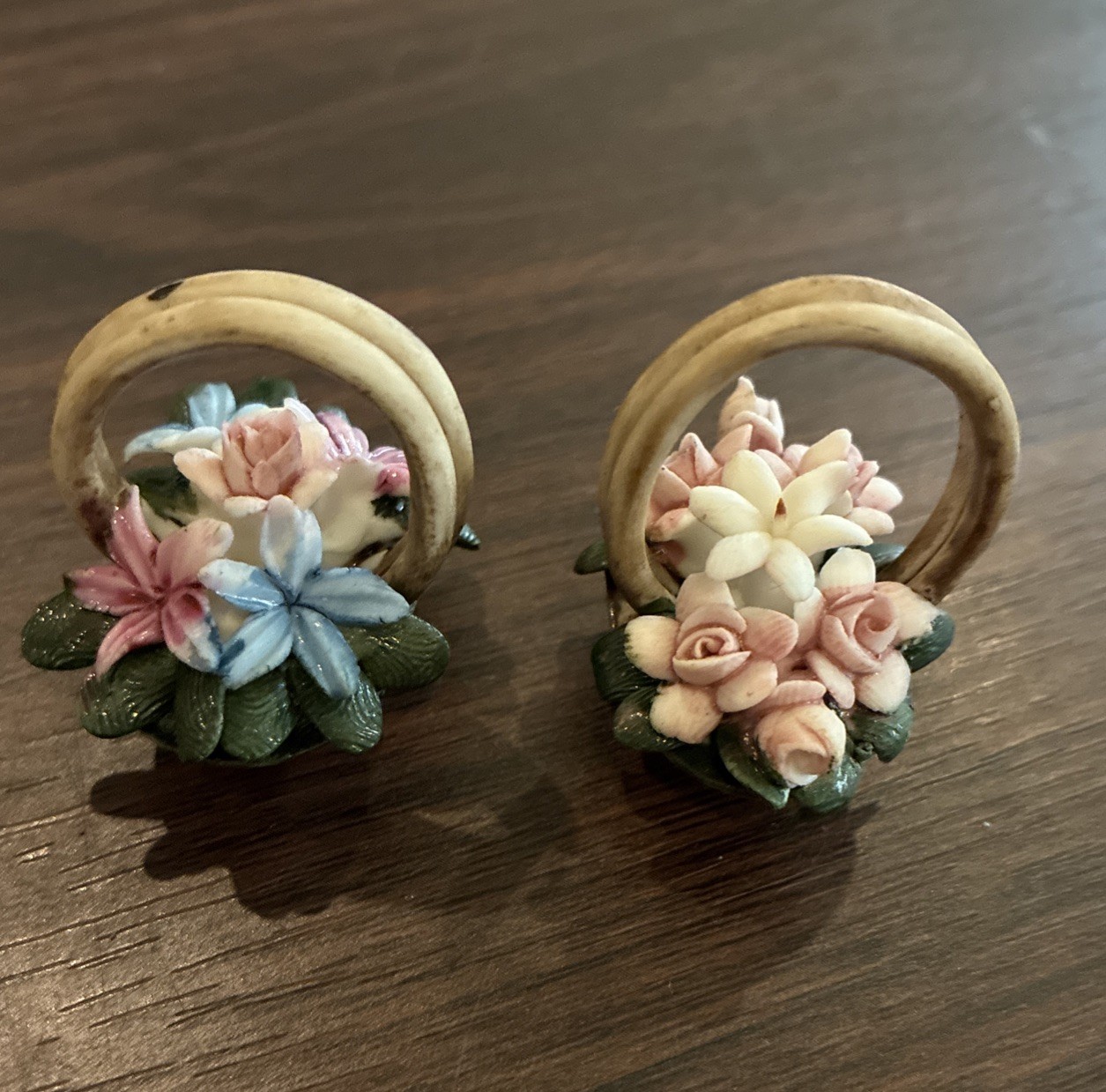 VTG Capodimonte Porcelain Pink & Blue Floral Miniature Baskets Handmade