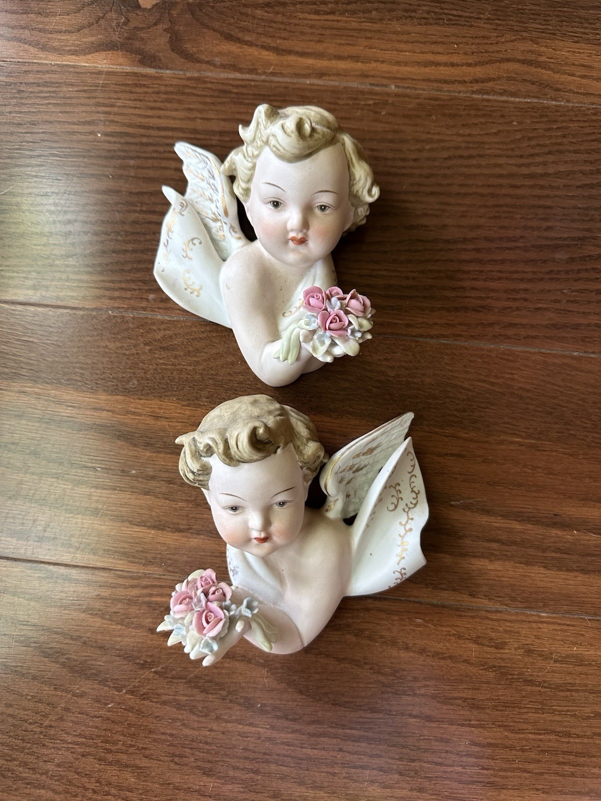 PAIR Vintage Lefton Bisque Porcelain Wall Angel Figurines