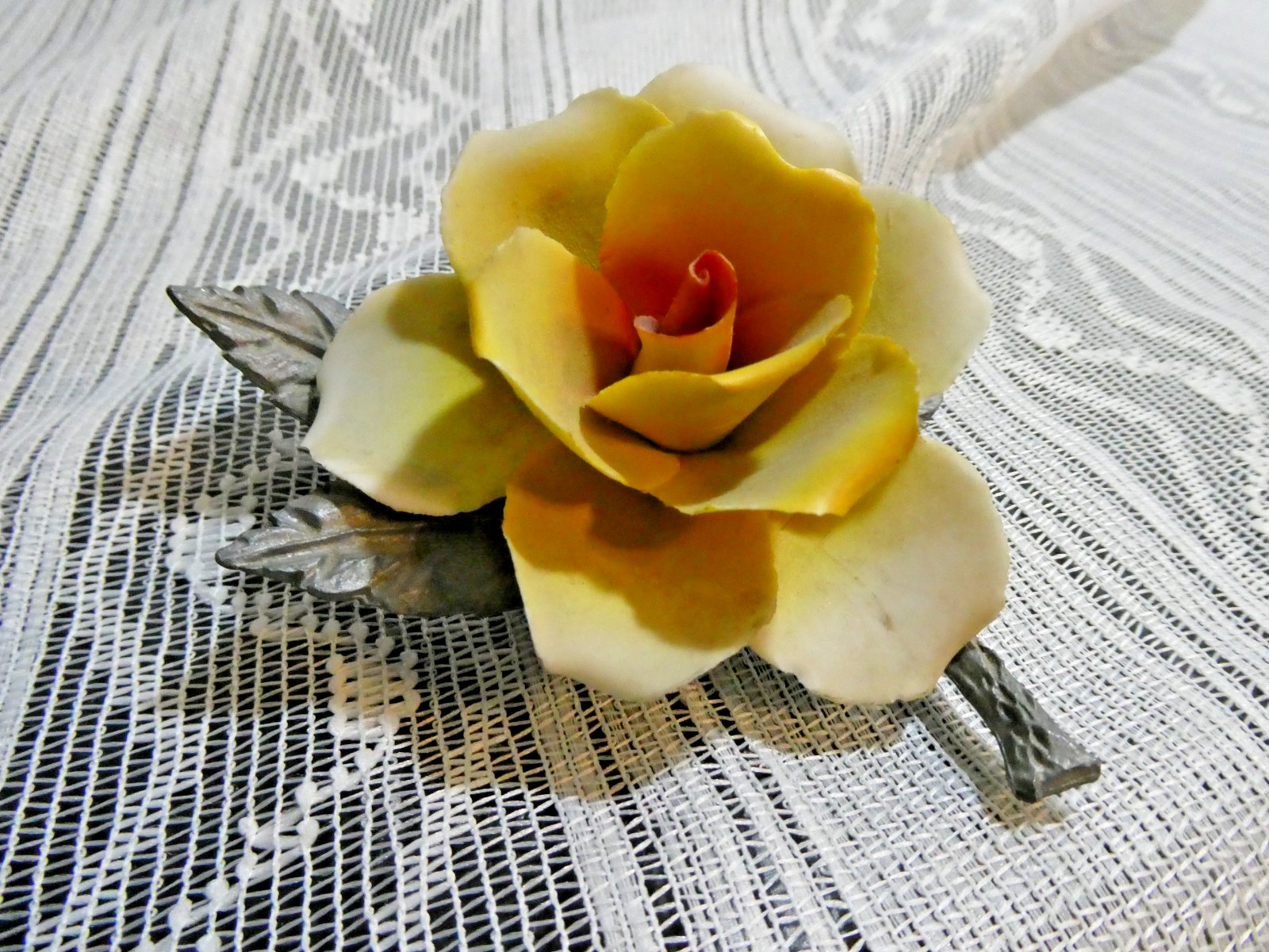 VTG Yellow Rose Figurine Porcelain on Pewter Leaves and Stem