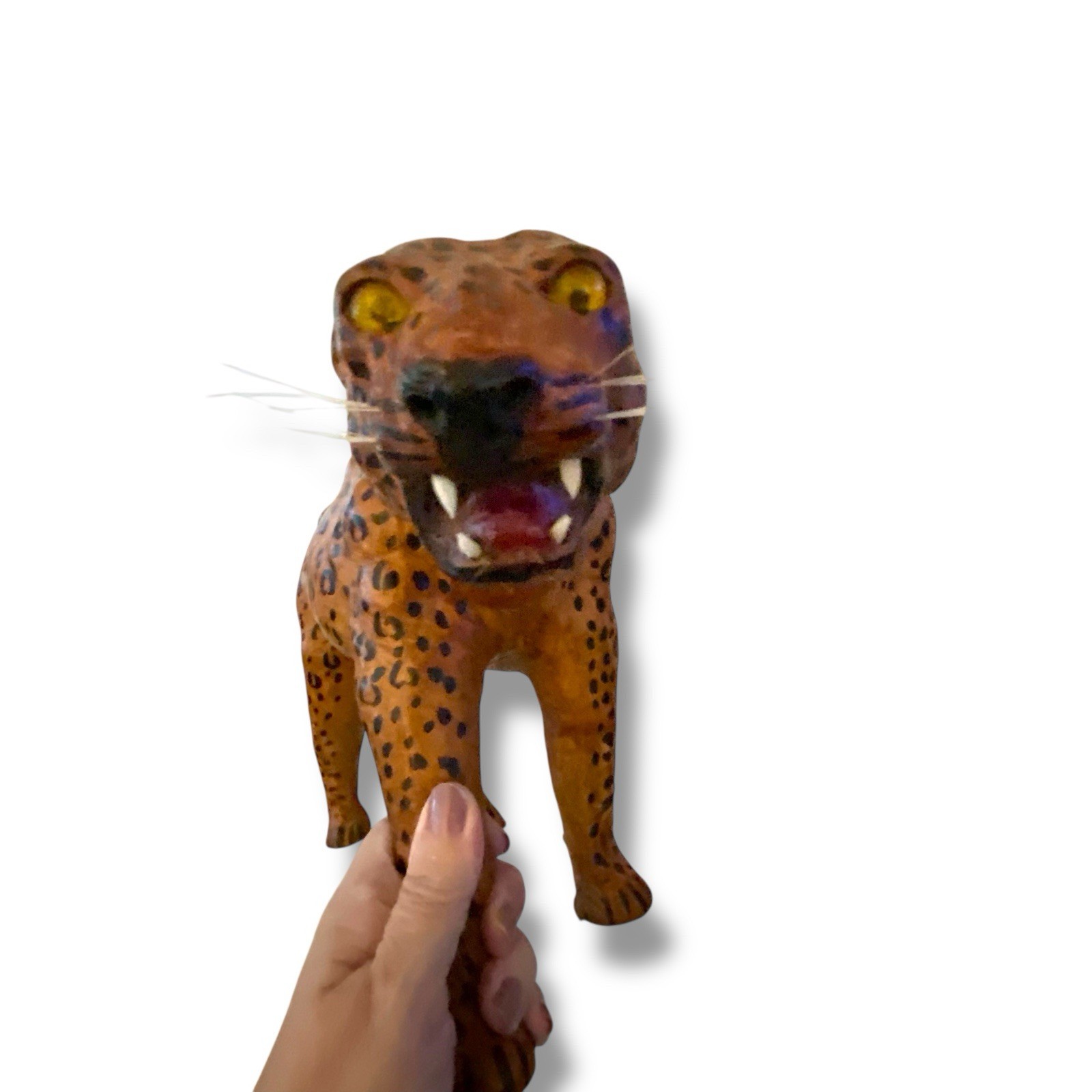 Vintage Leather Wrapped Leopard Cheetah Cat Glass Eyes 16”L x 10” Shelf Style