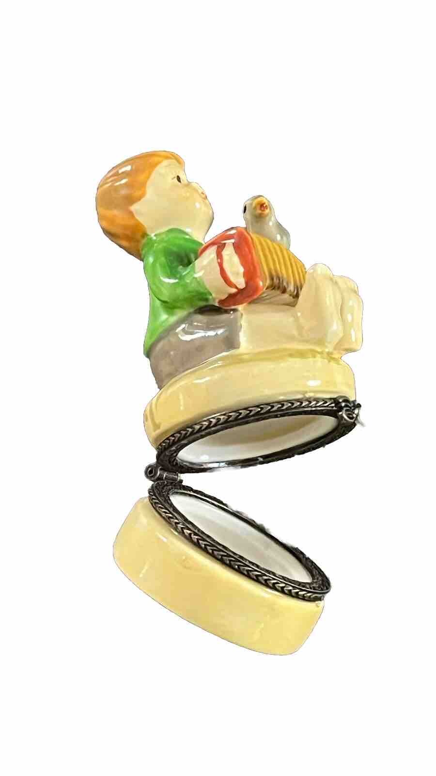 Boy Sitting Accordion Ceramic Trinket Figurine Majolica Handpainted 3×1.25 In