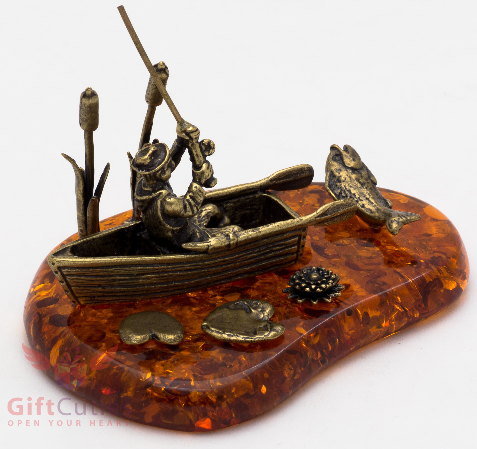 Solid Brass Amber Figurine Fisherman in boat Fishing on the lake IronWork