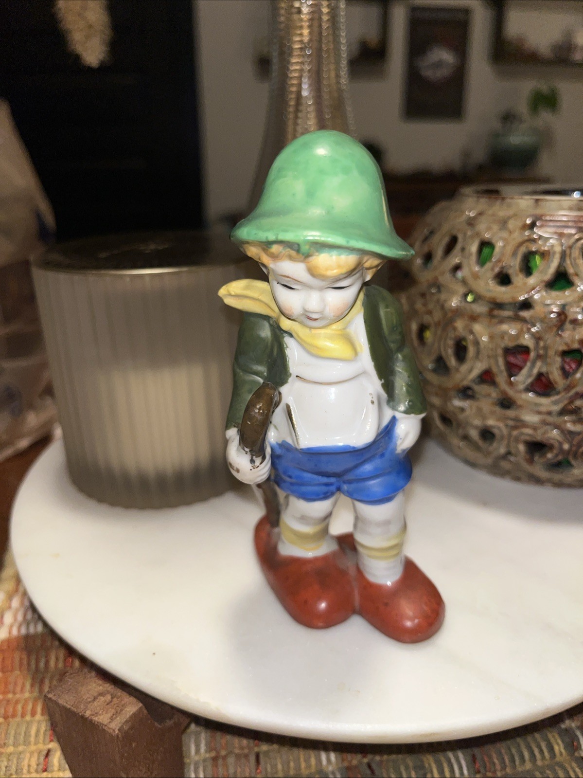 Occupied Japan Boy with Backpack Cane, Oversized Shoes Figurine 5.5 Inches