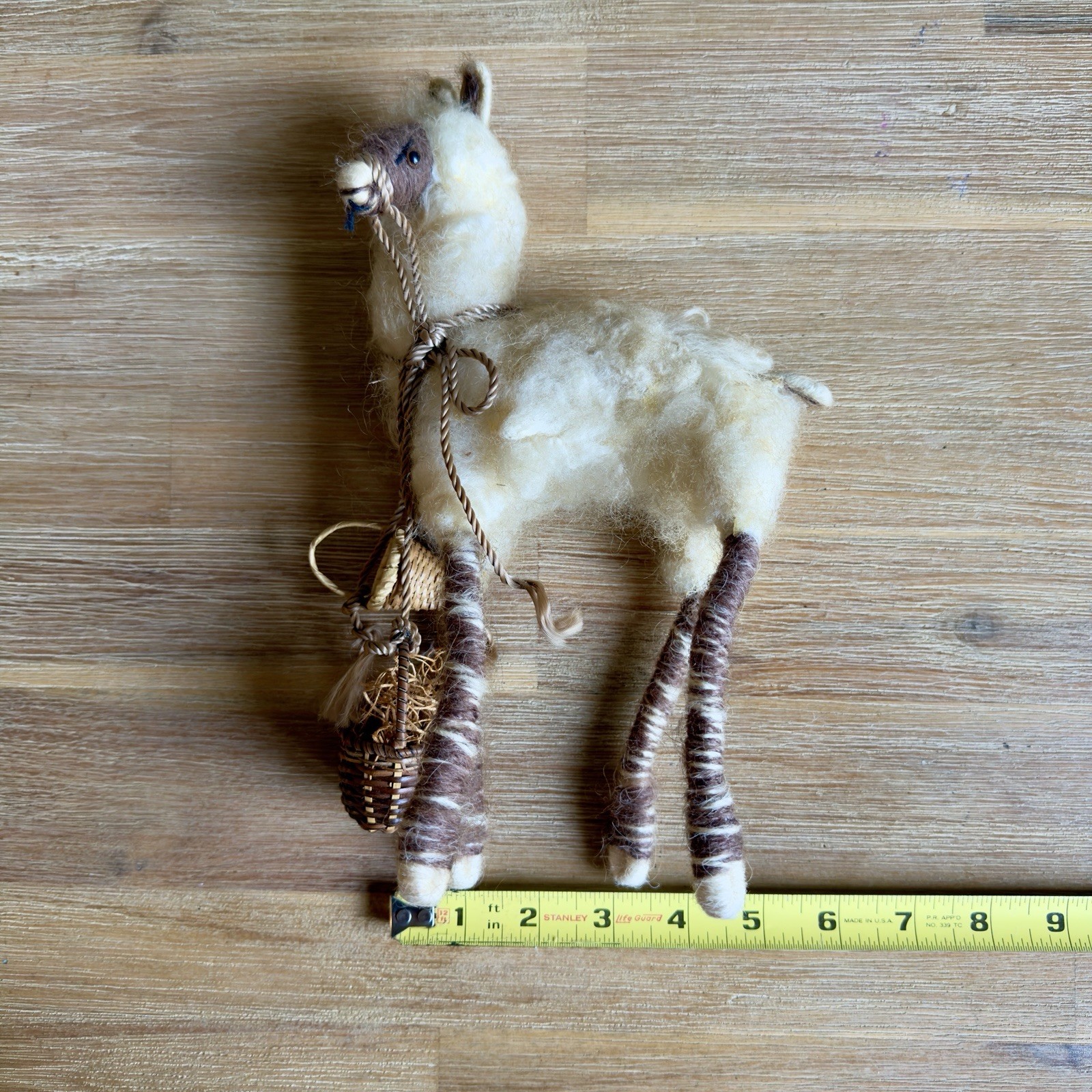 Handmade Wool Felt Llama Alpaca Figurine Folk Art Miniature w Basket 10in