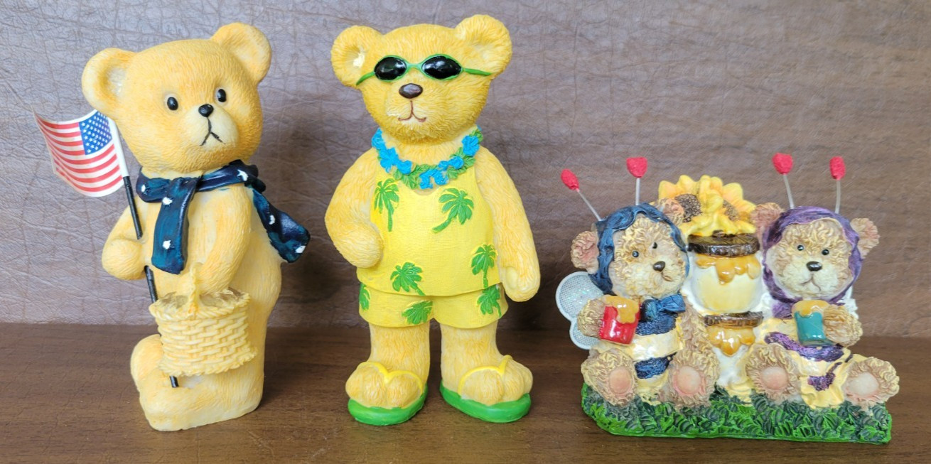 Brown Teddy Bear Figurine Lot Summer Americana Theme Lot of 3
