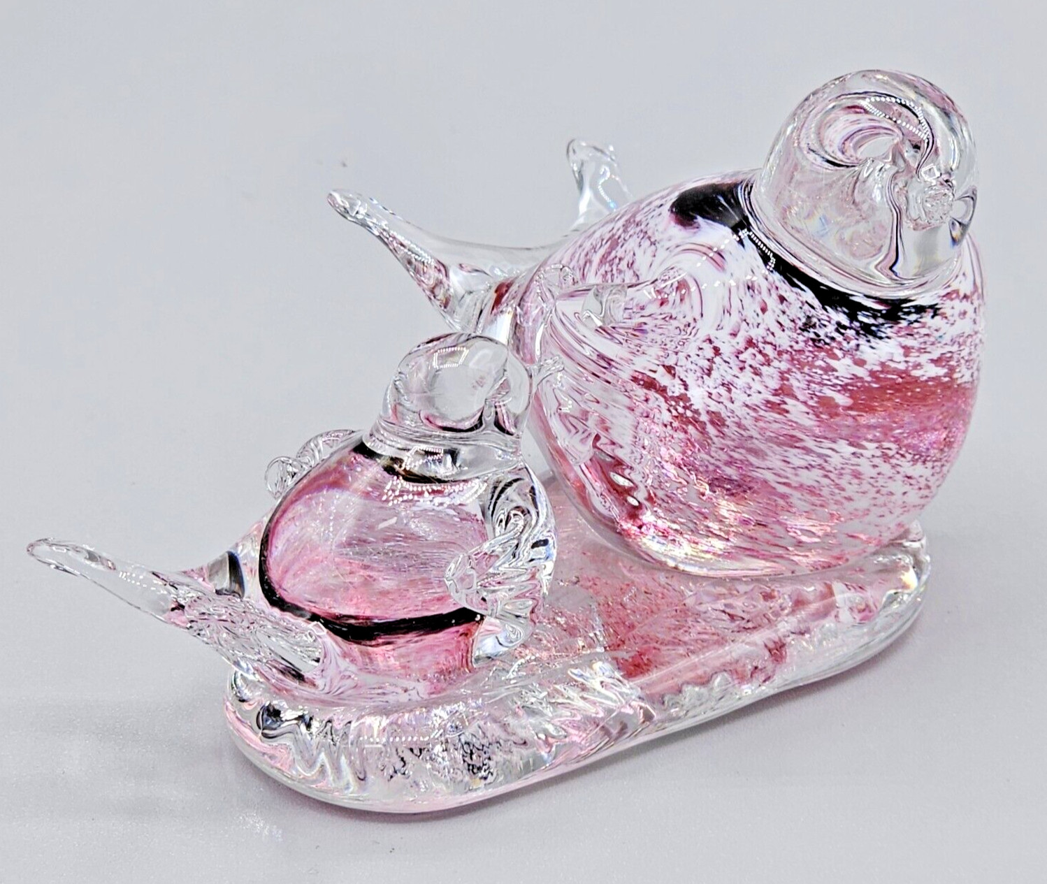 Art Glass Double Bird Figurine Pink White Black Accents Clear Smooth Bottom