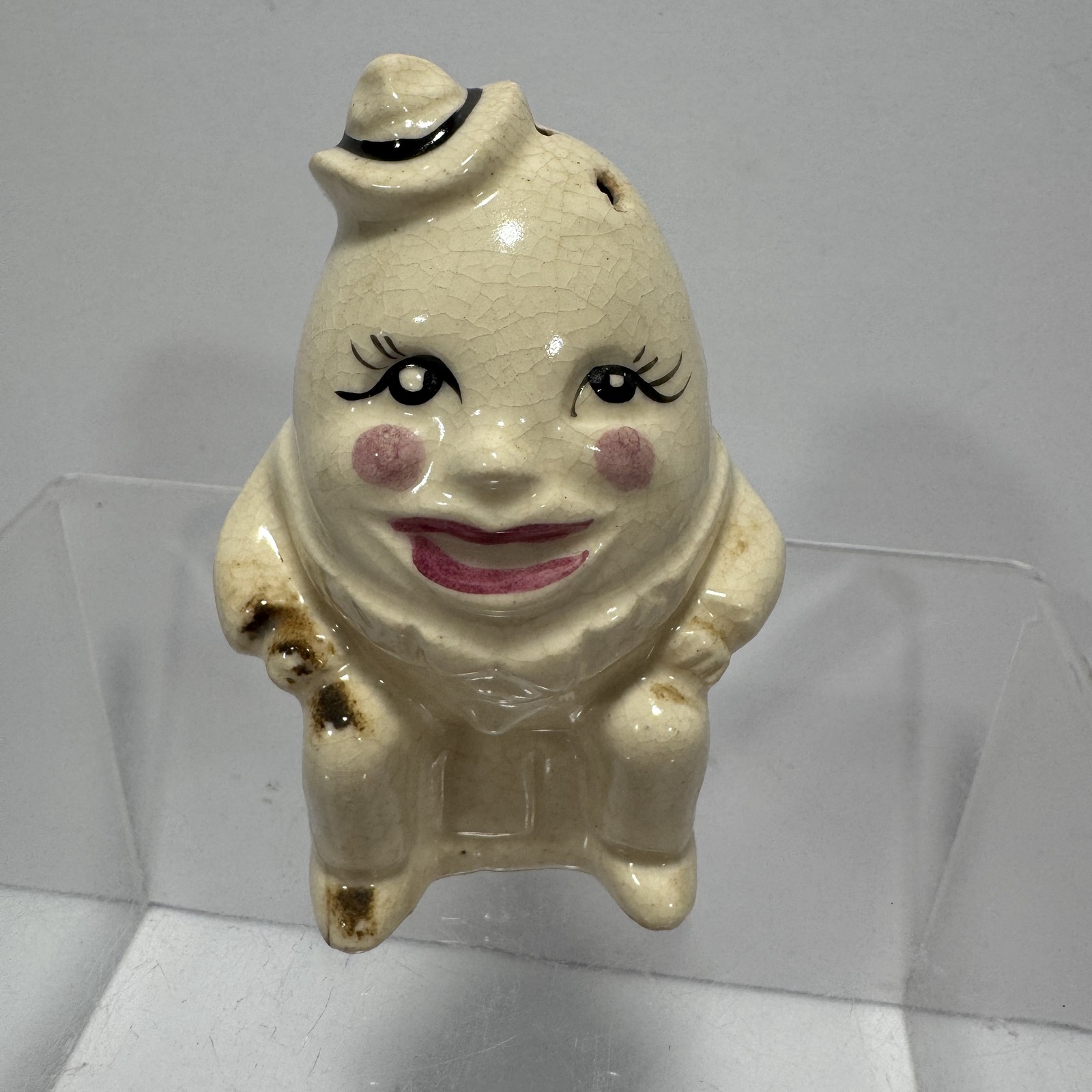 Vintage Japan Crazed Ceramic Humpty Dumpty Salt Shaker Figurine w/ Hat