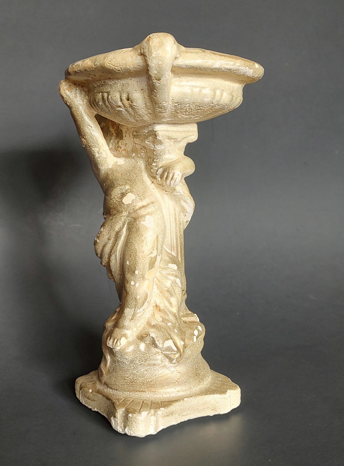Vintage Chalkware Cherub with Pedestal Bowl Statue 1940s Shabby Chic 8.5 inches