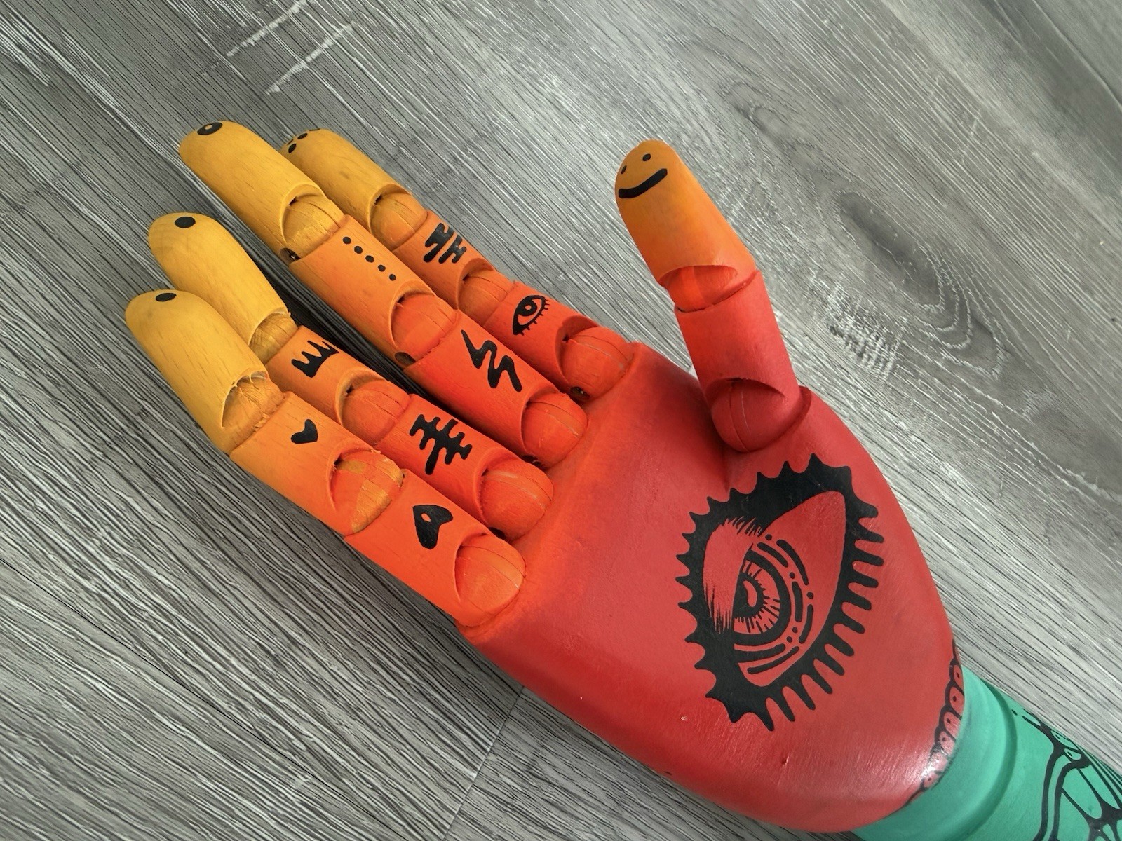 Abstract Painted Wooden Hand Signed Art Articulated Wood Sculpture 12″ Tie Dye