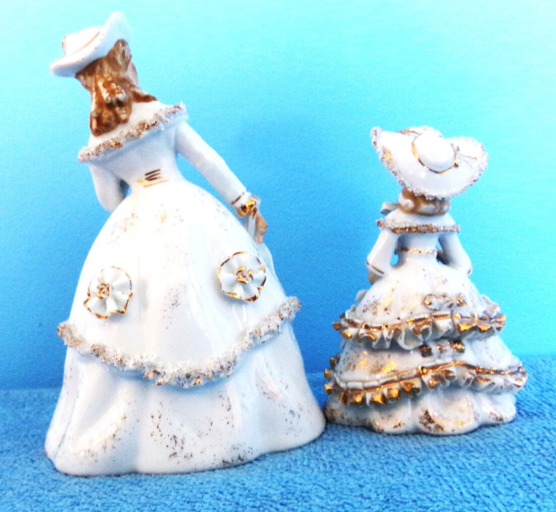 2 VINTAGE LEFTON’S VICTORIAN WOMEN WHITE & GOLD FIGURES KW10307 & K9572W JAPAN