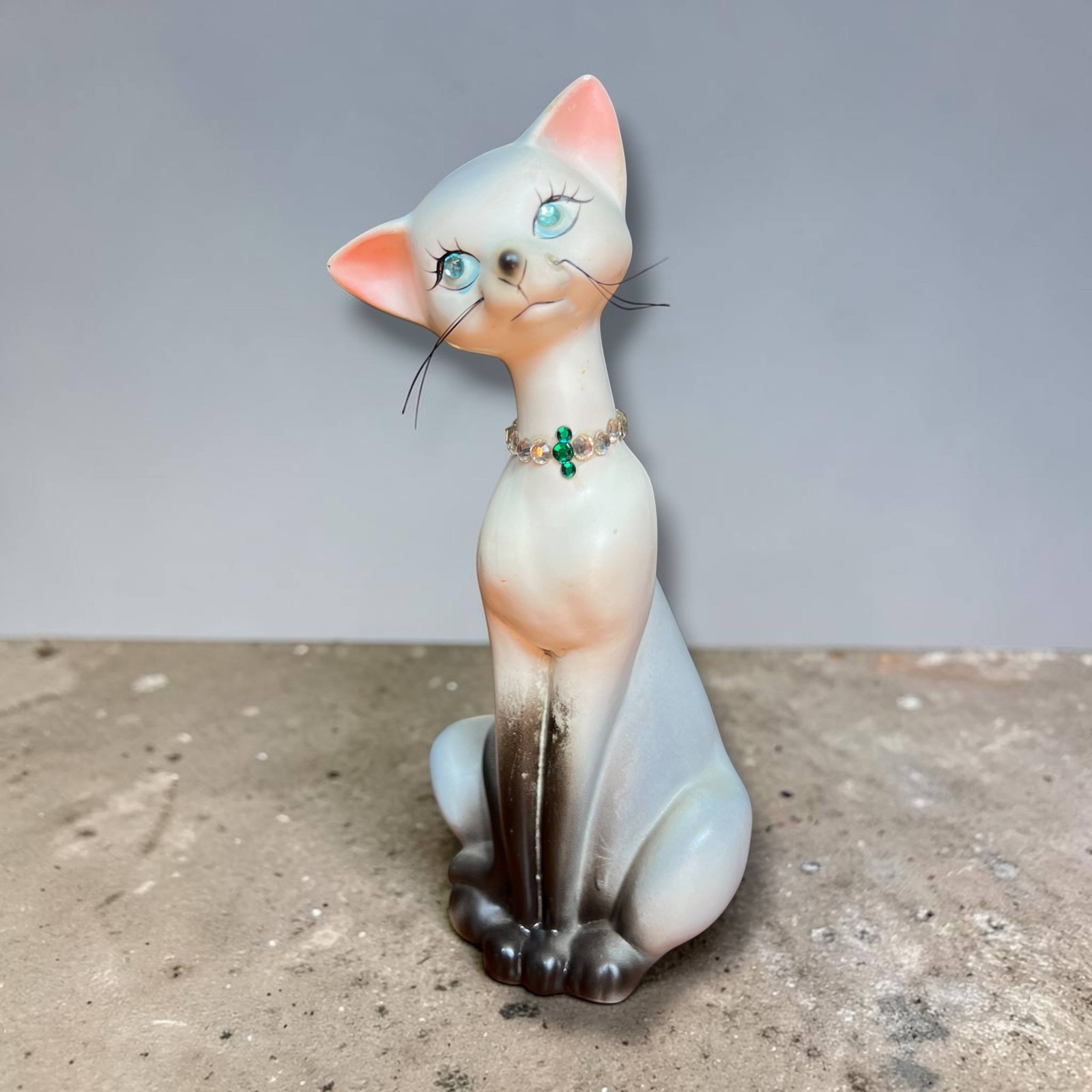 Vintage Mid Century Modern Siamese Cat Figurine Jeweled Eye Beaded Collar