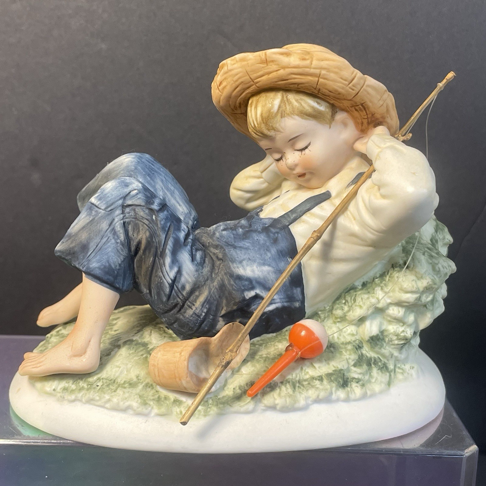Lefton Bisque Figurine KW3839 Napping Barefoot Boy Fisherman In Overalls Vintage