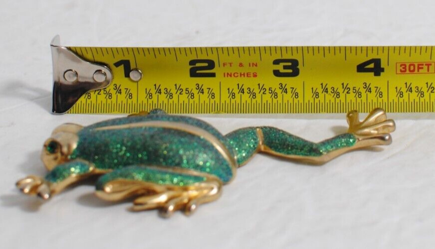 Vintage Gold Tone Frog Green Rhinestones Eyes Figurine 3 x 4 inches Long