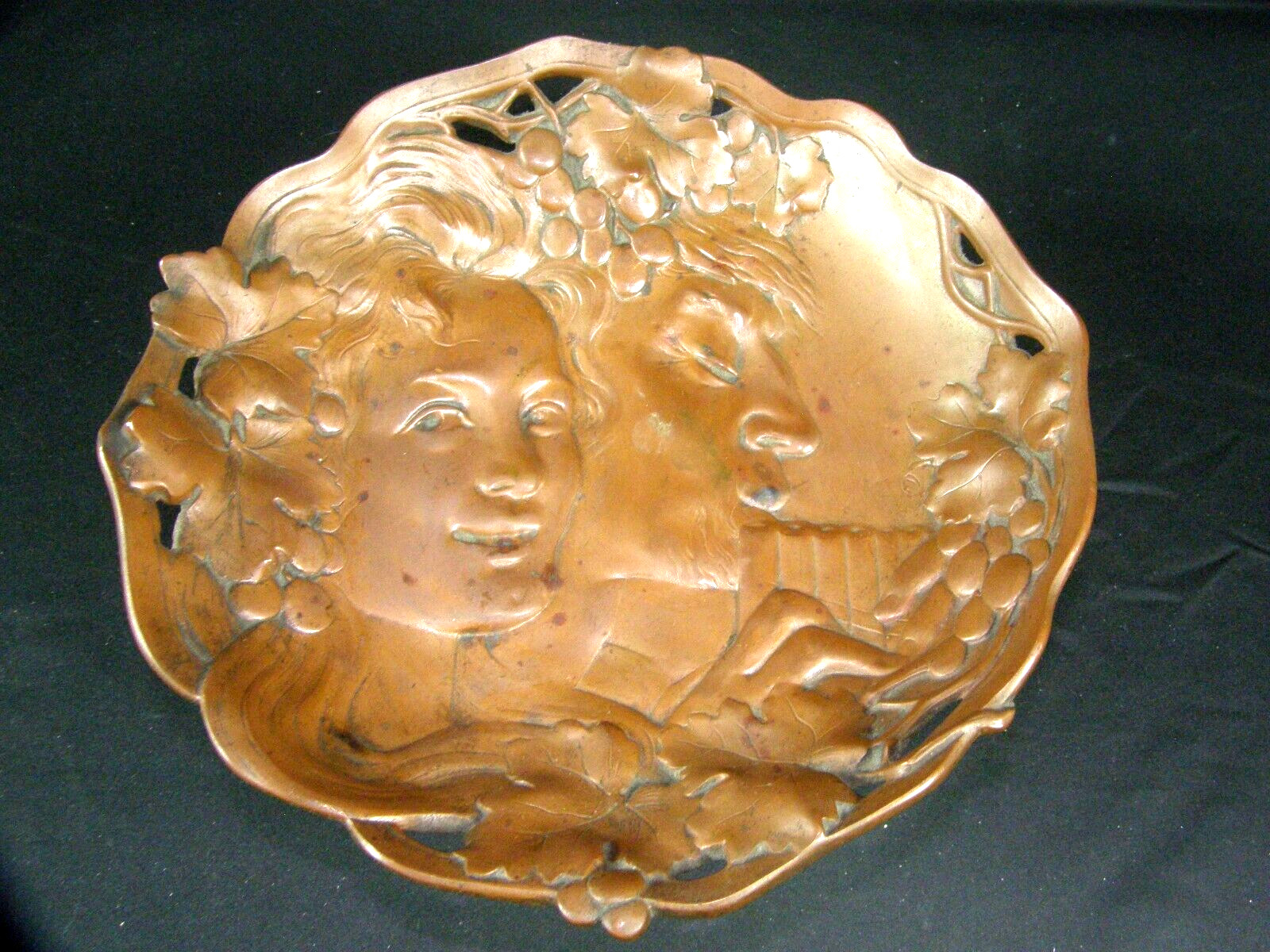 Antique Greek God Pan Faun Playing Flute Goddess Copper Footed Fruit Bowl