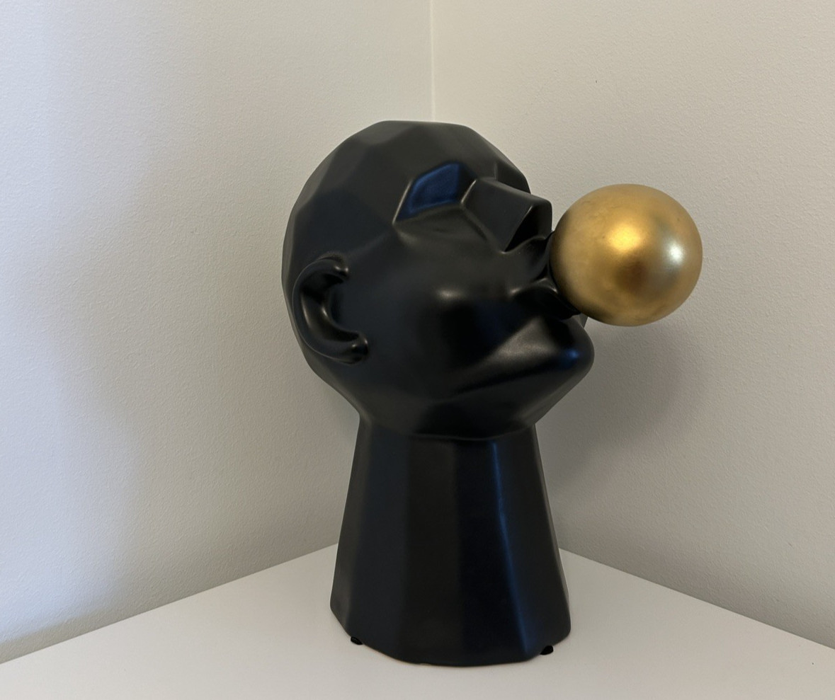 Ceramic Man Blowing Bubble Gum Contemporary Statue Figurine Decor Gold Charcoal