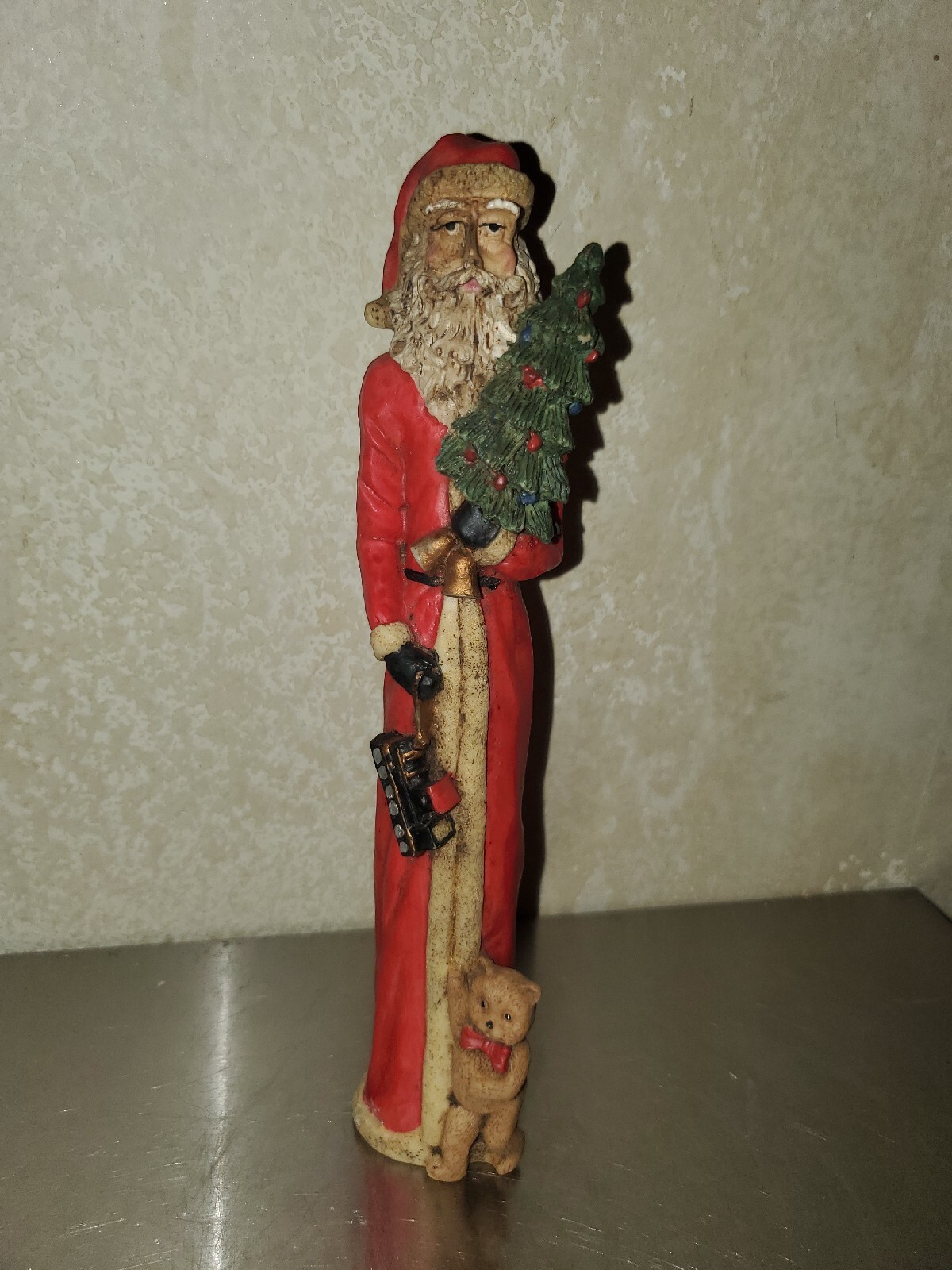 9″ Vintage Santa Claus W/Christmas Tree, Bells, Train & Teddy Bear Figurine