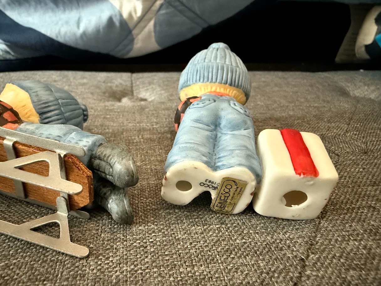 Lot 4 Vintage Enesco Figures Country Cousins Skier Sledding Katie Bird Porcelain