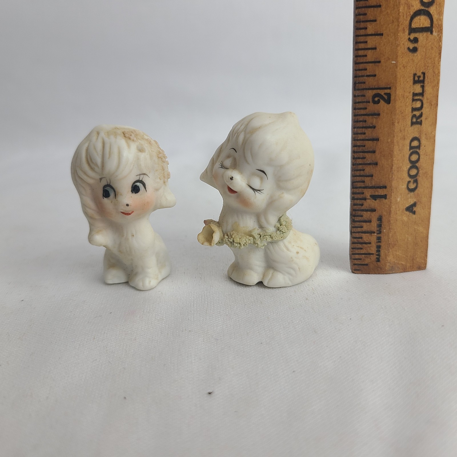 2 Vintage Puppy Dog Poodle Figurine Ceramic Anthropomorphic Japan MCM Kitschy
