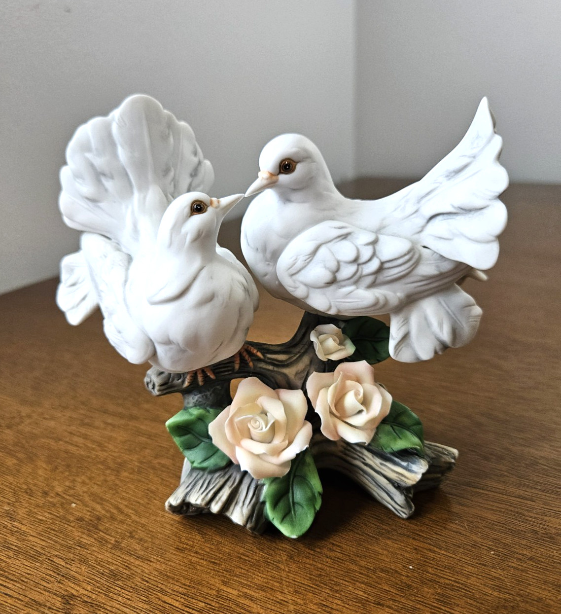 Vintage Porcelain Figurine of Courting White Doves On A Branch And Appied Roses