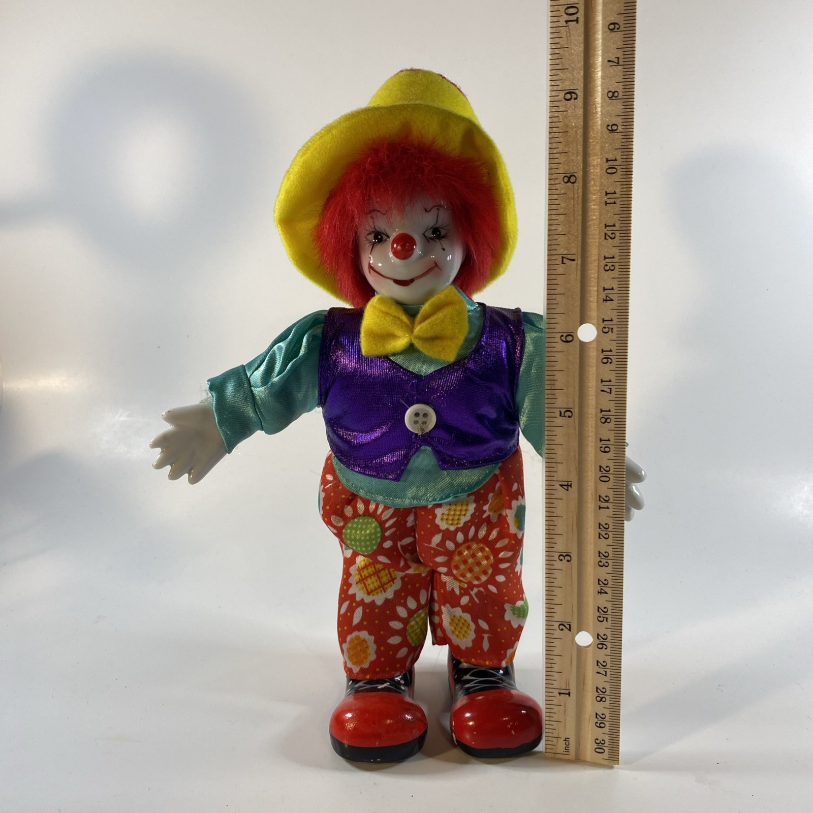 Vintage Porcelain Happy Clown Doll Suit Hat Hand Painted Face