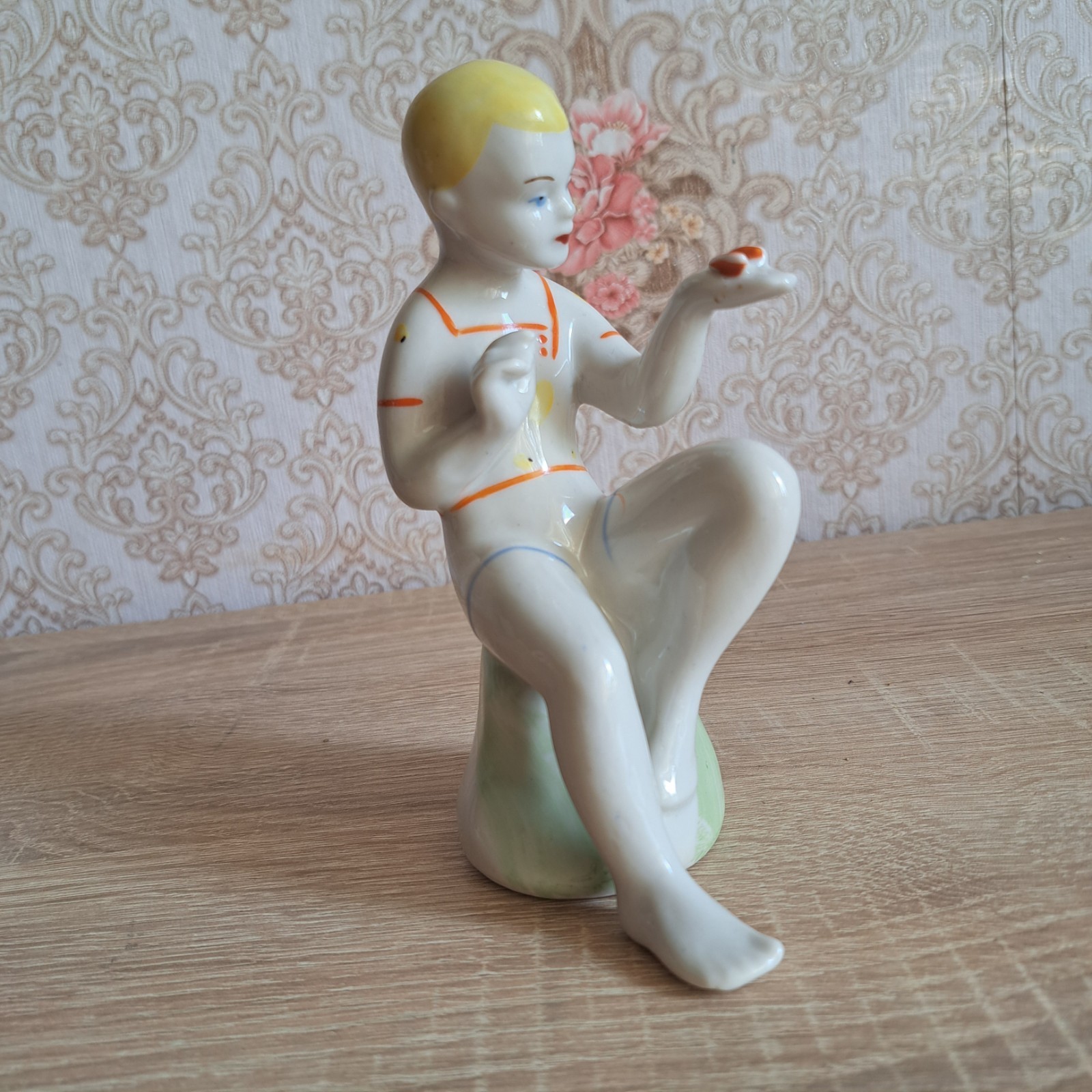 Vintage Ukrainian figurine Boy with a butterfly. porcelain 1950s Polonoe