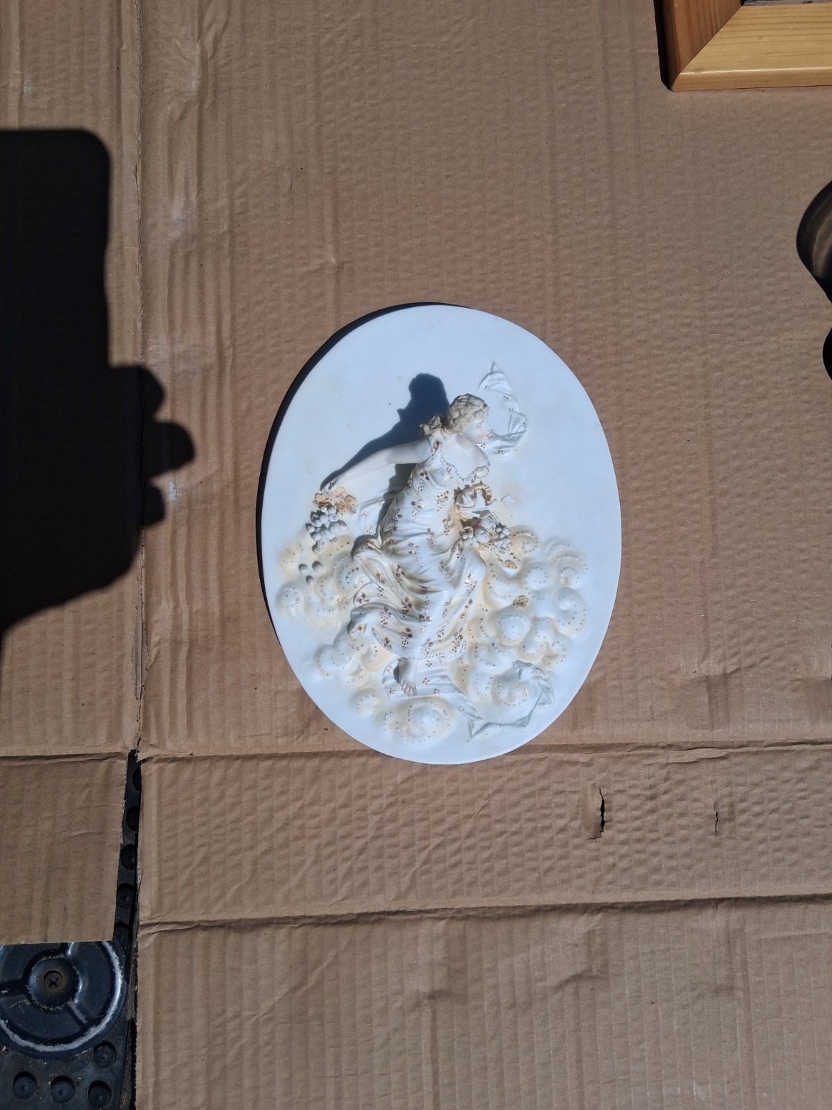 Porcelain Bisque 3D Wall Plaque. Handpainted Lady With Pearl/Stone Inlays. 9″x7″