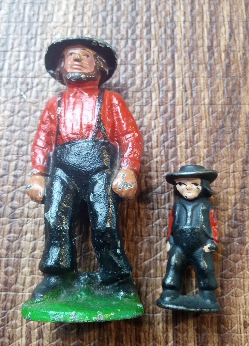 Vtg. 4 1/4″ & 2″ Tall Amish Farmers Cast Iron Metal Figurine Walking