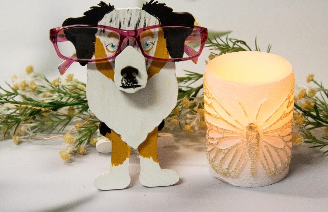 Hand Painted Wooden Dog Figurine Pink Glasses 3D Effect Multicolor Kids Decor