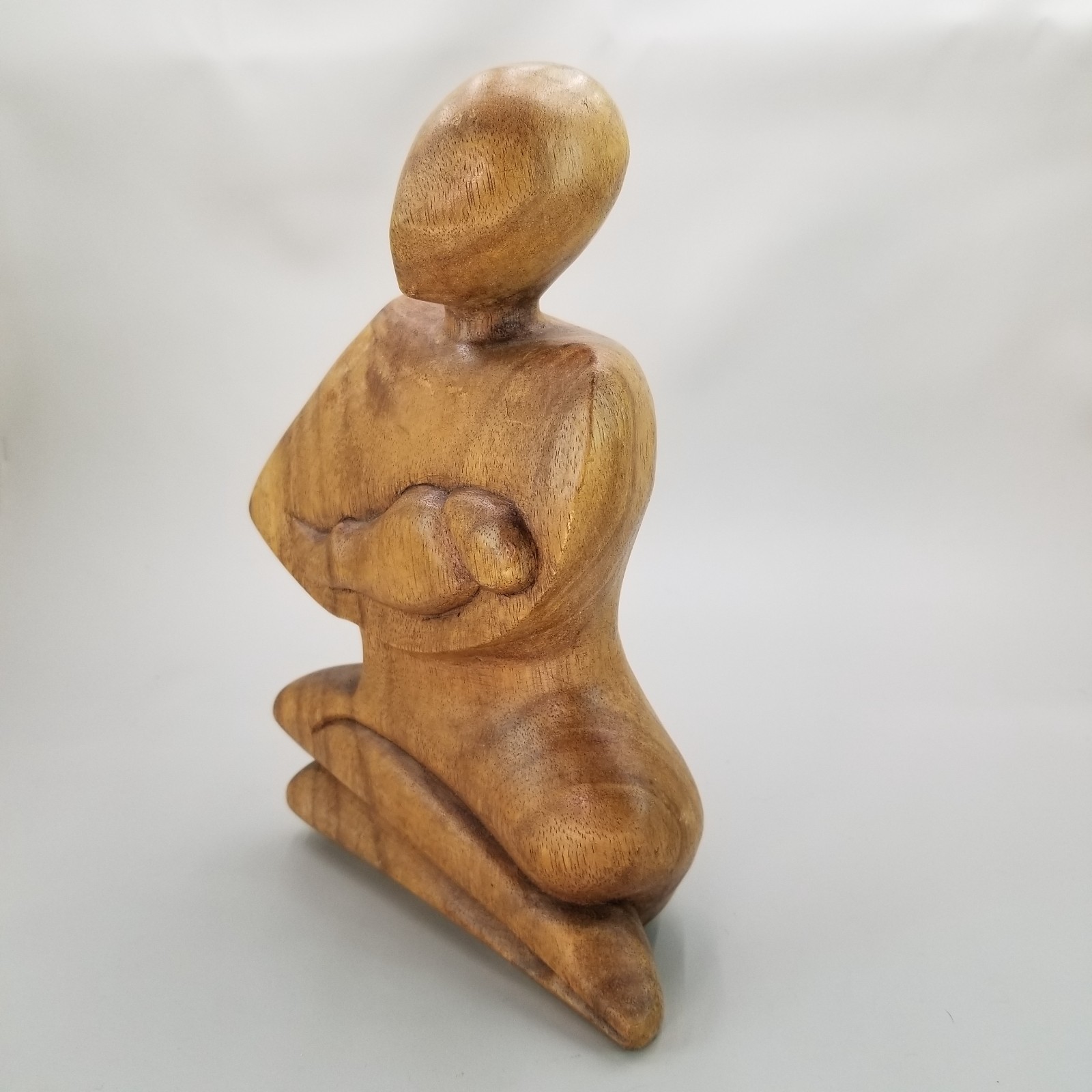 Vintage Hand Carved Wood Mother Holding Baby Figurine Statue Minimalist 10″ Tall