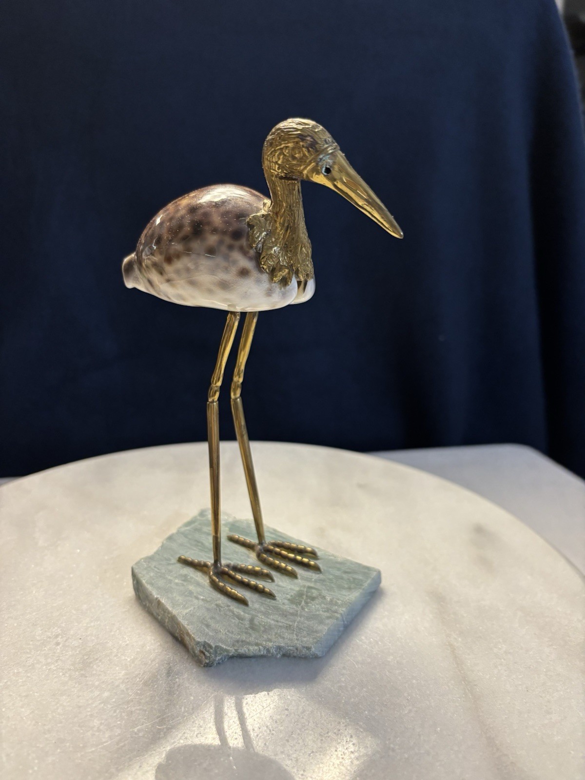 Metal & Shell Bird Figurine on Stone Base Metallic Finish Made in Philippines