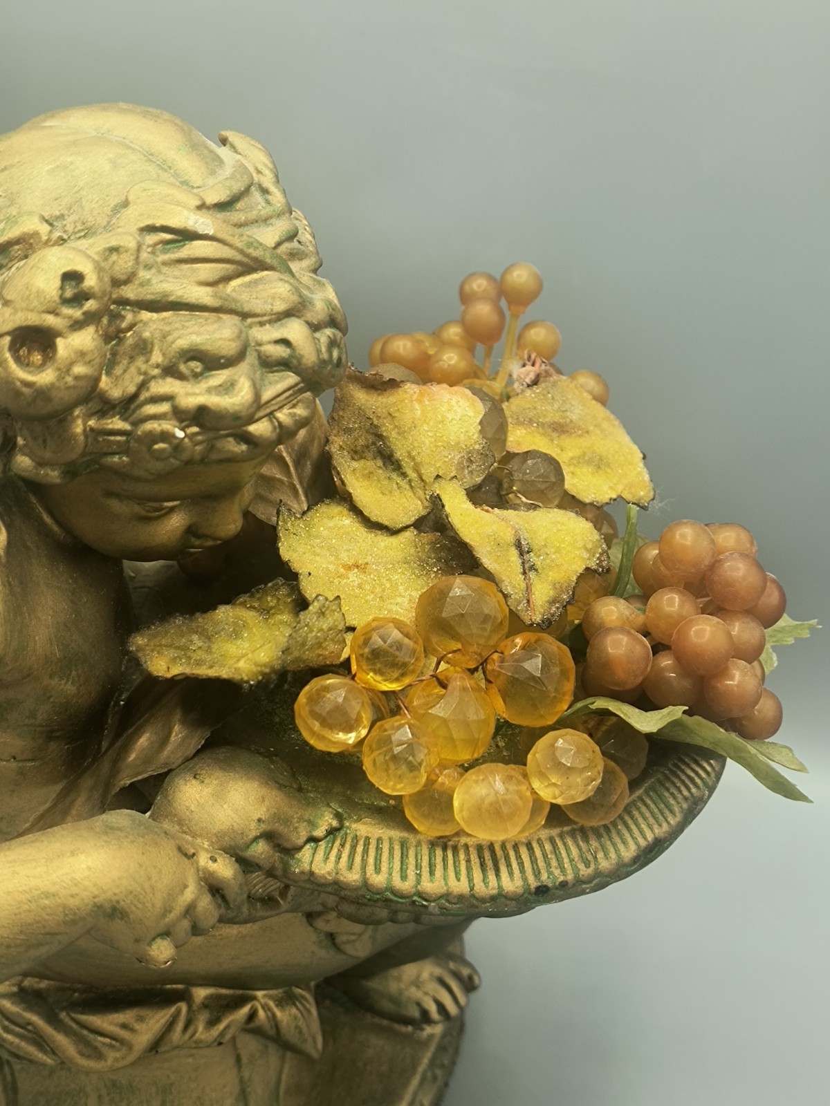 Vintage Plaster Cherub Statue 12″ Antique Gold Pained w/Fruit Bowl Lucite Grapes