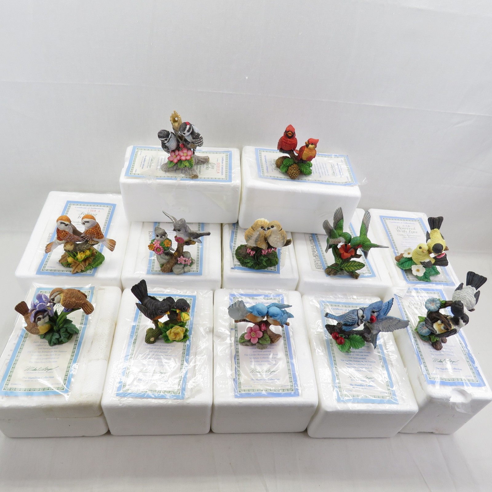 Garden Romances Are Forever Lot of 12 Bird Sculpture/Figurines 1996-97 Hamilton