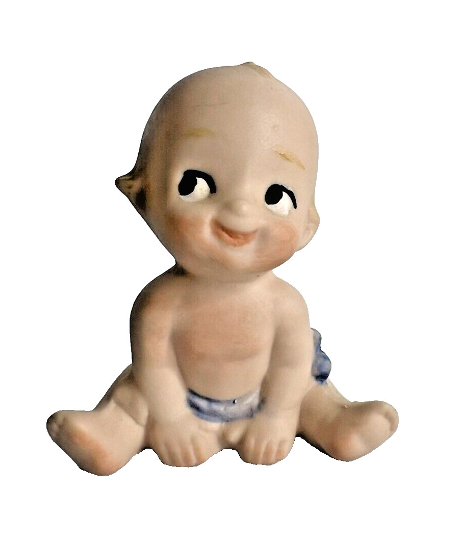 Vintage Kewpie Doll Figurine Bisque Porcelain Sitting Baby Blue Diaper 2.5″ Tall