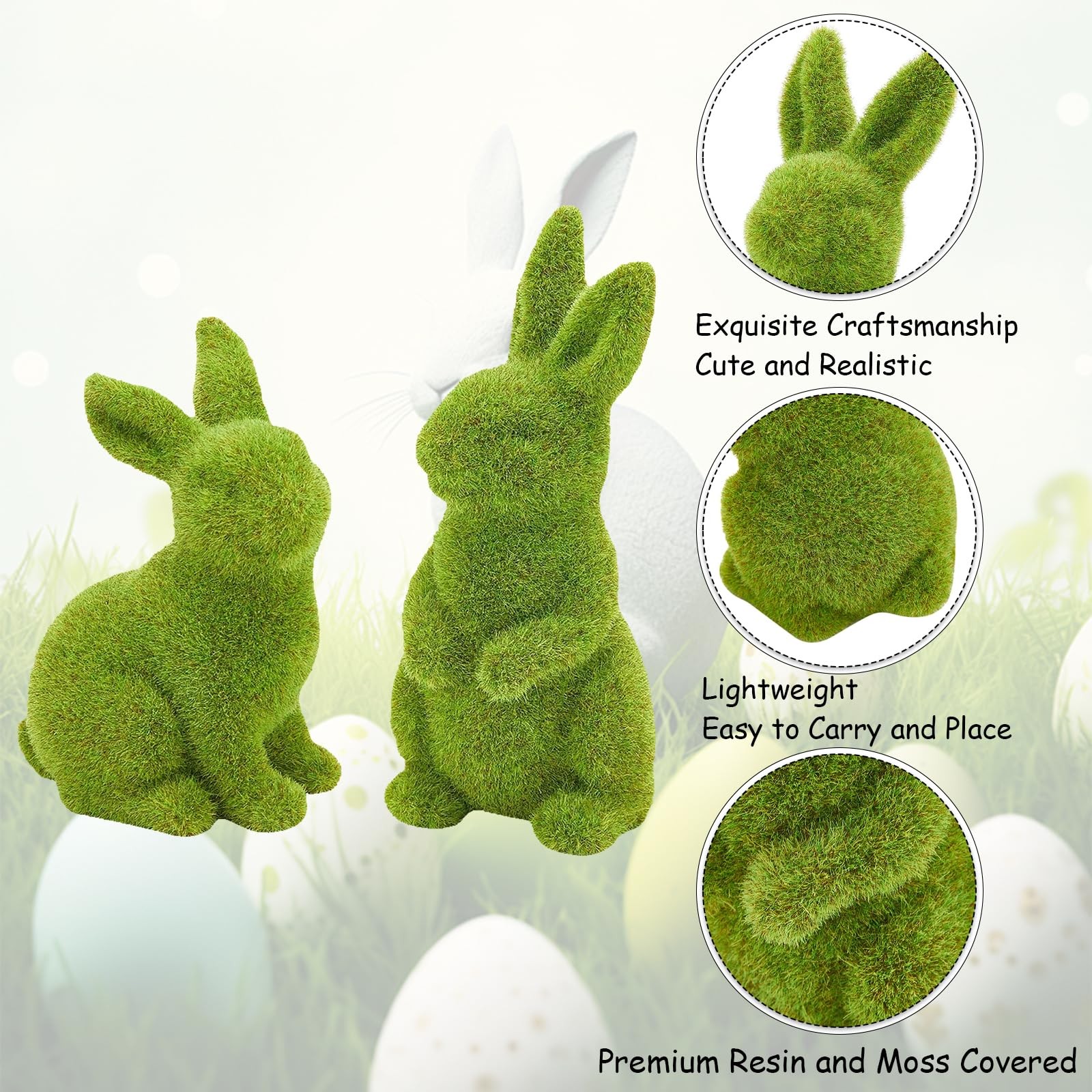 2 PCS Small Flocked Bunny Moss Resin Rabbit Figurines Easter Decor