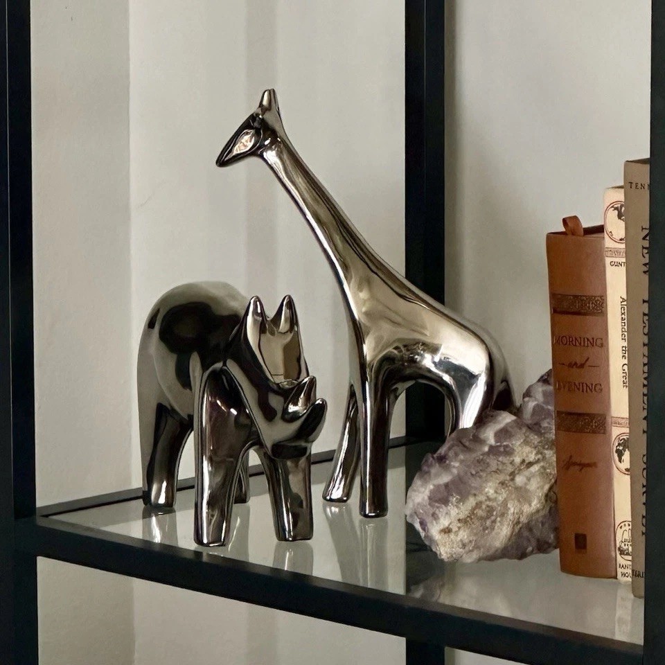 Silver Glossy Ceramic Safari Animal Figurines 2pc Set Giraffe Rhino