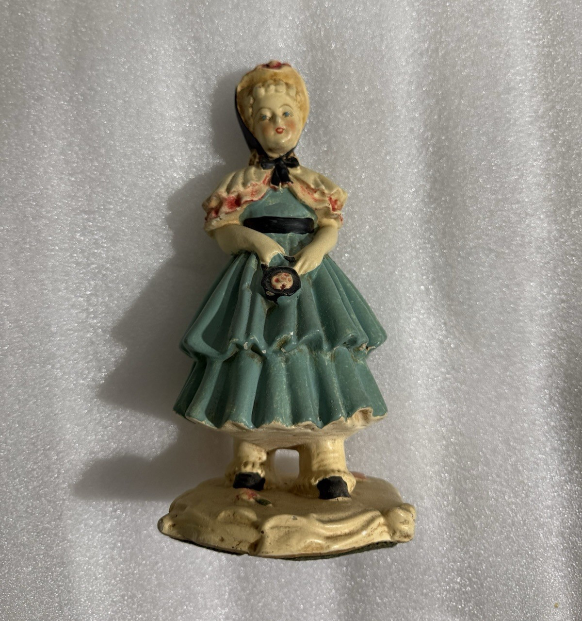 Ceramic Painted Girl Figurine in Green Dress Holding Basket, People Vintage