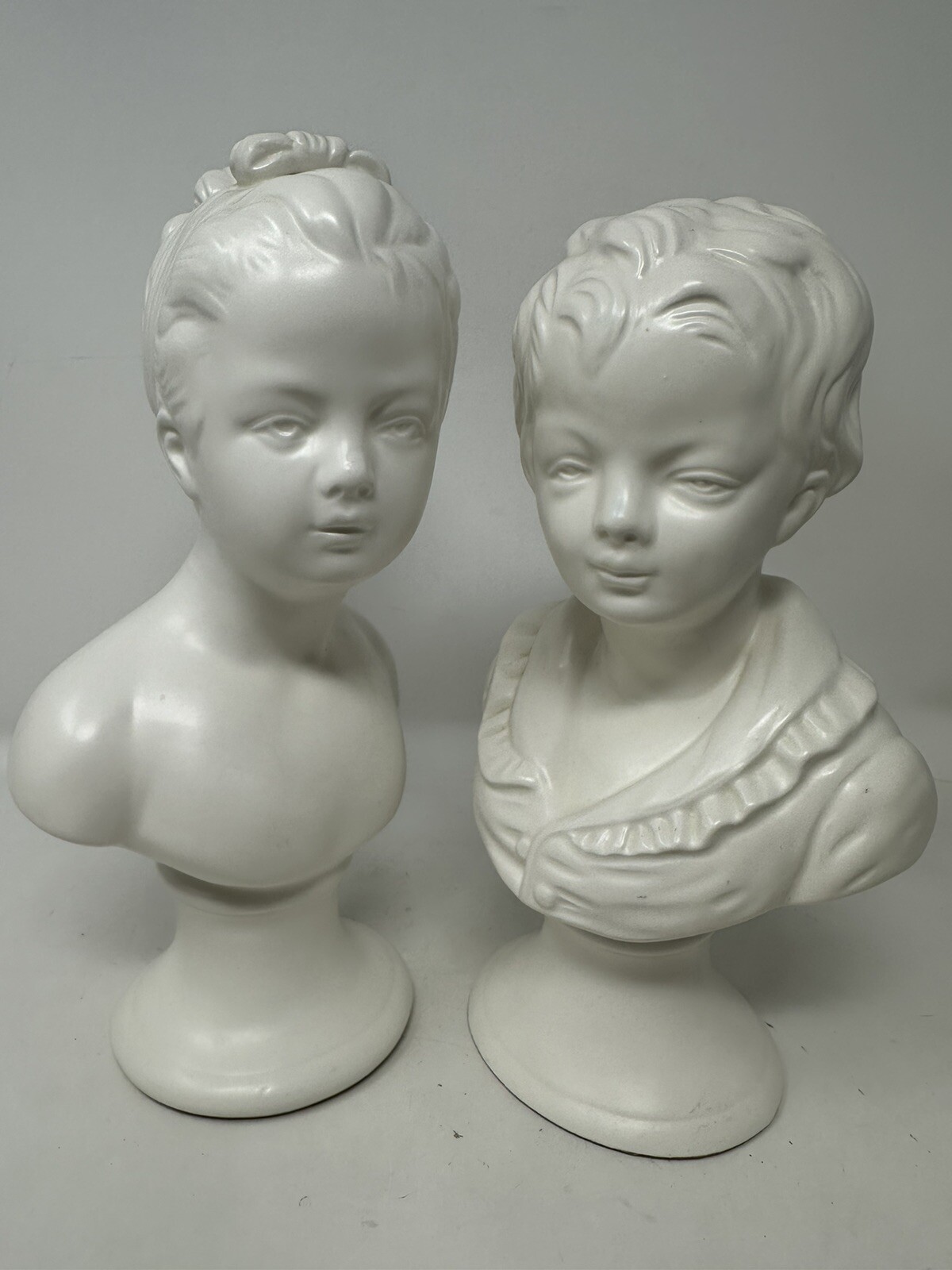 Napco Mid Century Bust Statue Boy Girl Vintage Satin Finish White Lightweight 9″