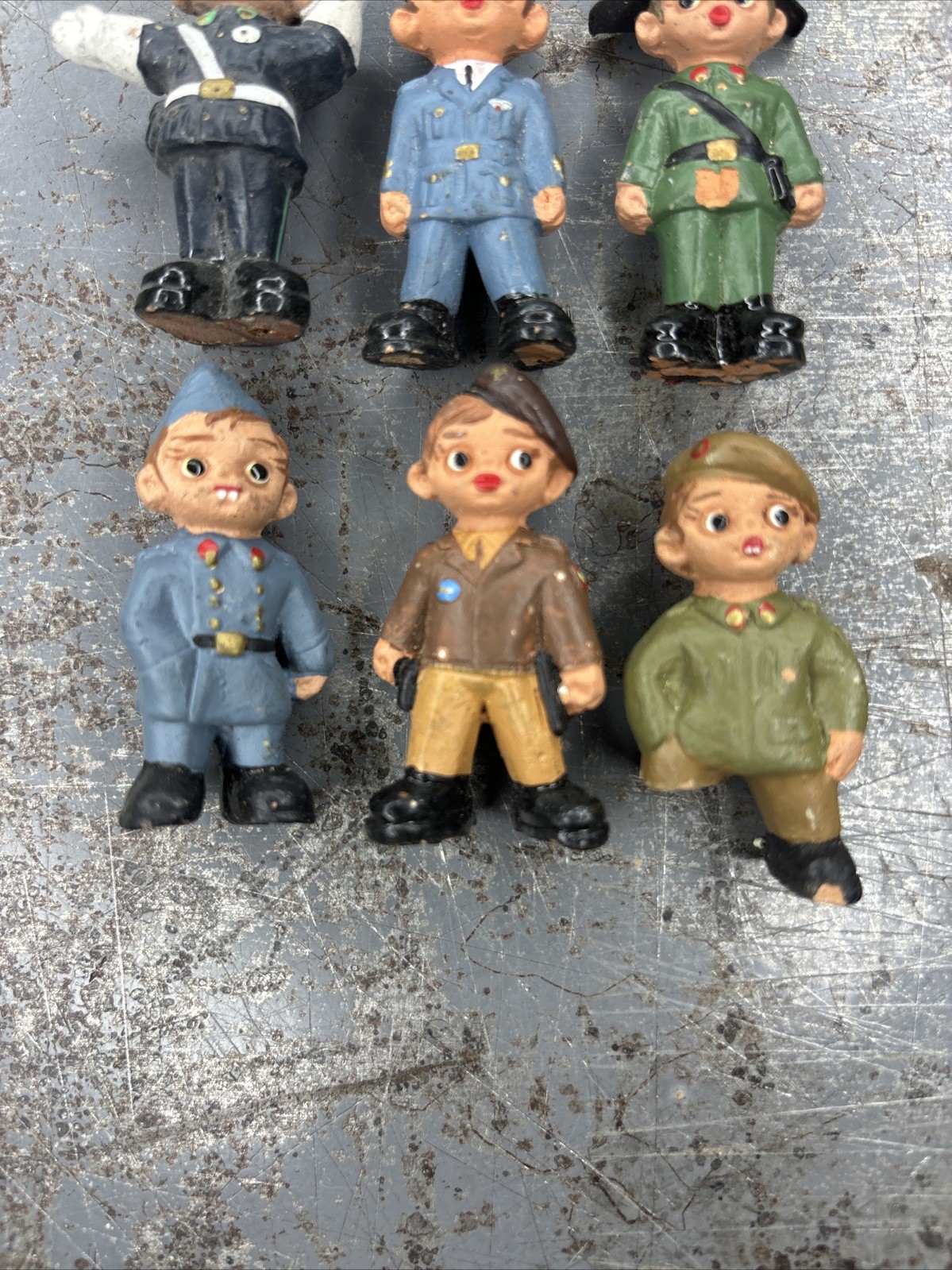 Lot 6 Vintage Spanish Mud People Mini Clay Figurines 2″ Hand Painted Navy Police