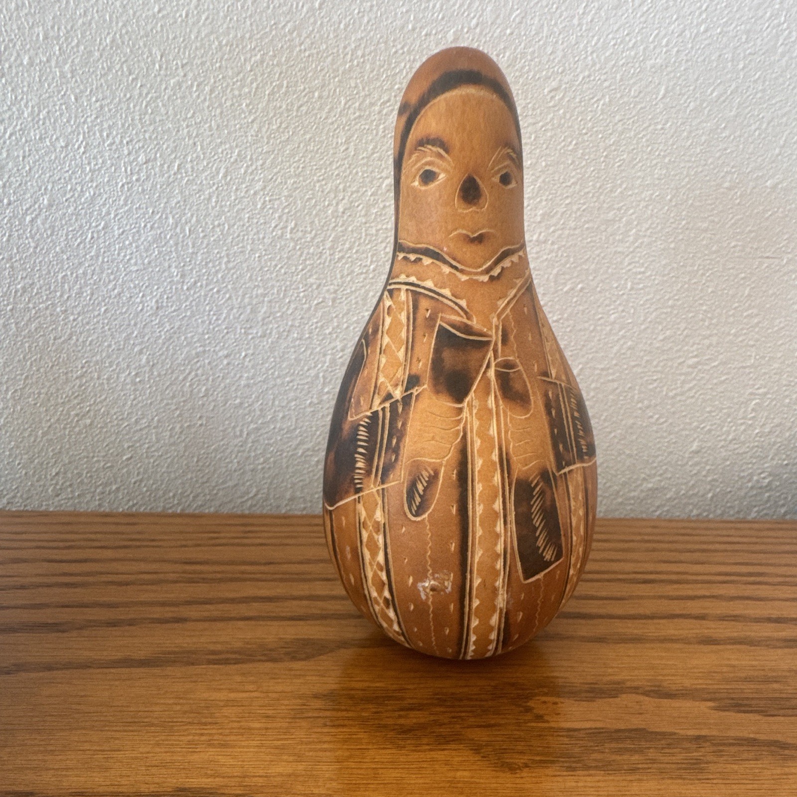 Hand Painted Wood Folk Art Woman Figurine, Brown/Black Tribal Geometric